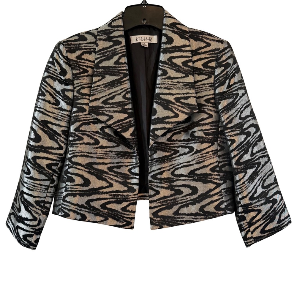 Kasper Womens Metallic Silver Black Abstract Open Front Blazer M1JMUXBC766 8
